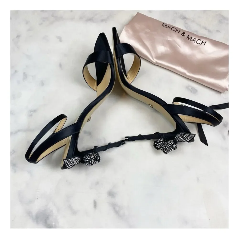 Mach & Mach Crystal Blossom Satin Sandals Black Statement Heels NWOB Sz 38.5/8.5